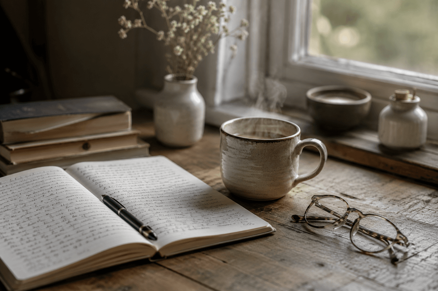 An open journal, steaming mug and glasses on a wooden desk — a moment of quiet self-reflection