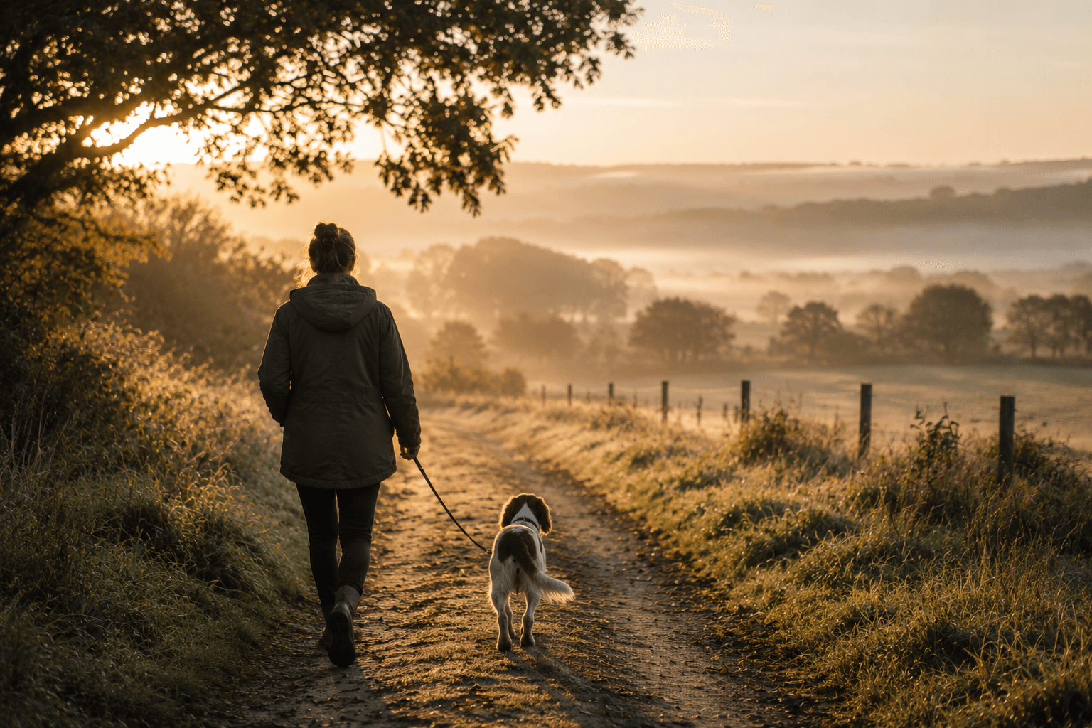 A person walking their dog along a misty country lane at dawn — solitary and peaceful