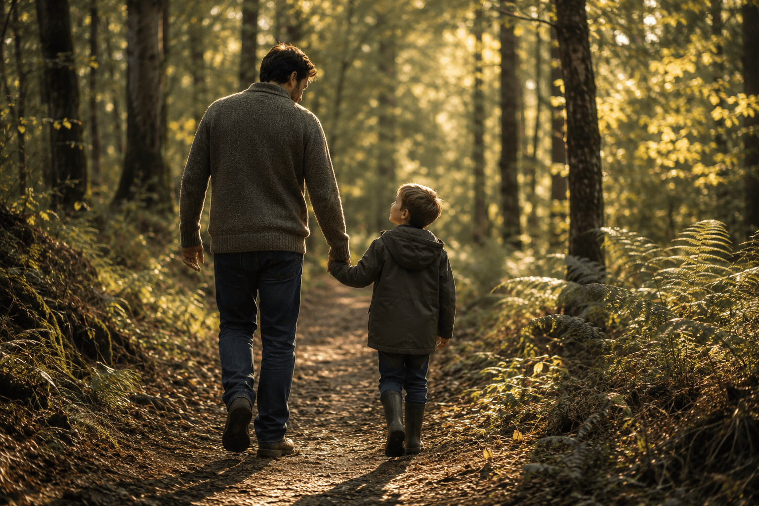 A father and young child walking hand-in-hand through autumn woodland
