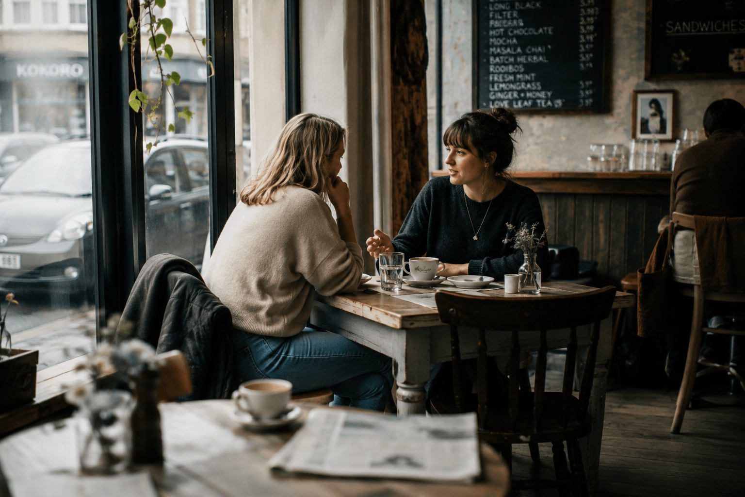 Two friends in quiet conversation at a café table