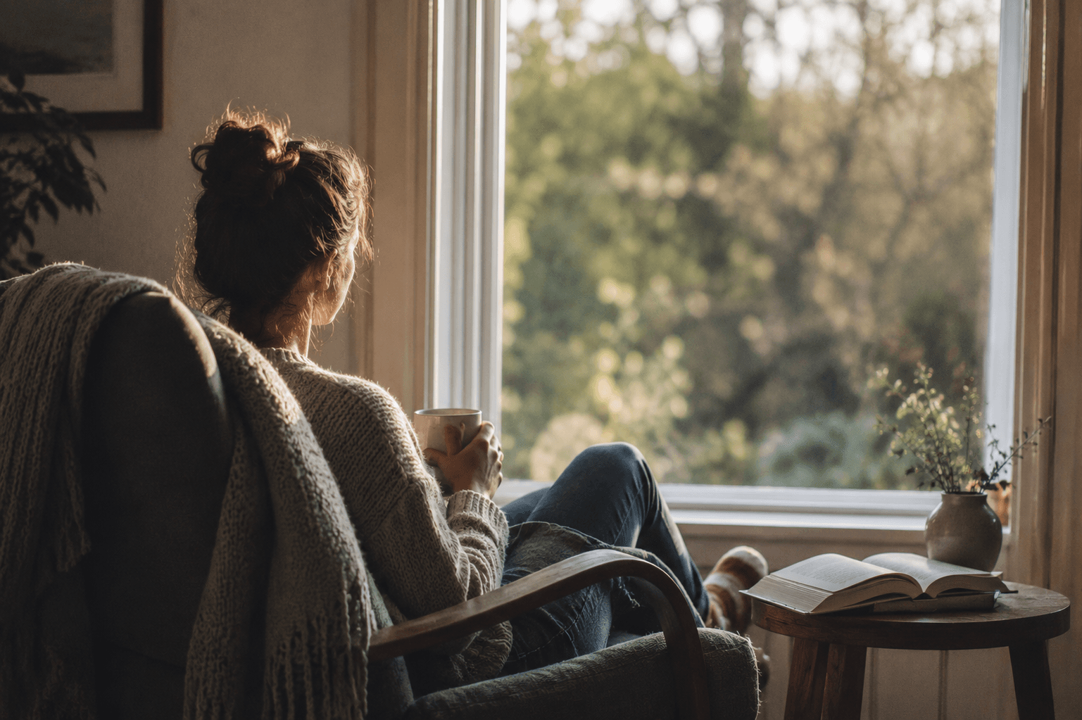 A person sitting quietly in an armchair by a window, holding a warm mug