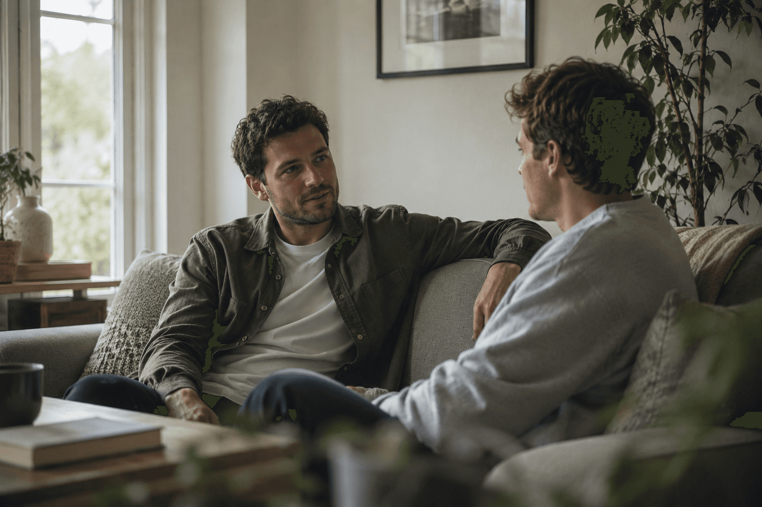 Two people in honest, open conversation on a sofa