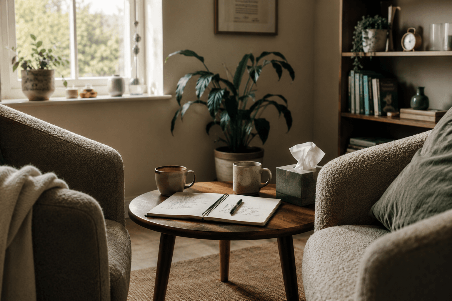 A warm, plant-filled therapy room with two comfortable chairs and a table between them
